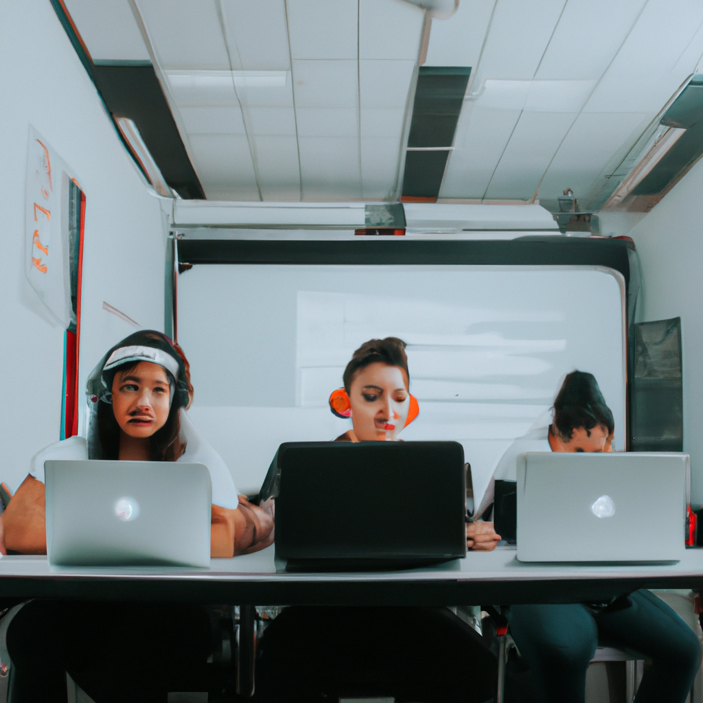 Estudiantes peruanos en un aula moderna con laptops y equipo de medios